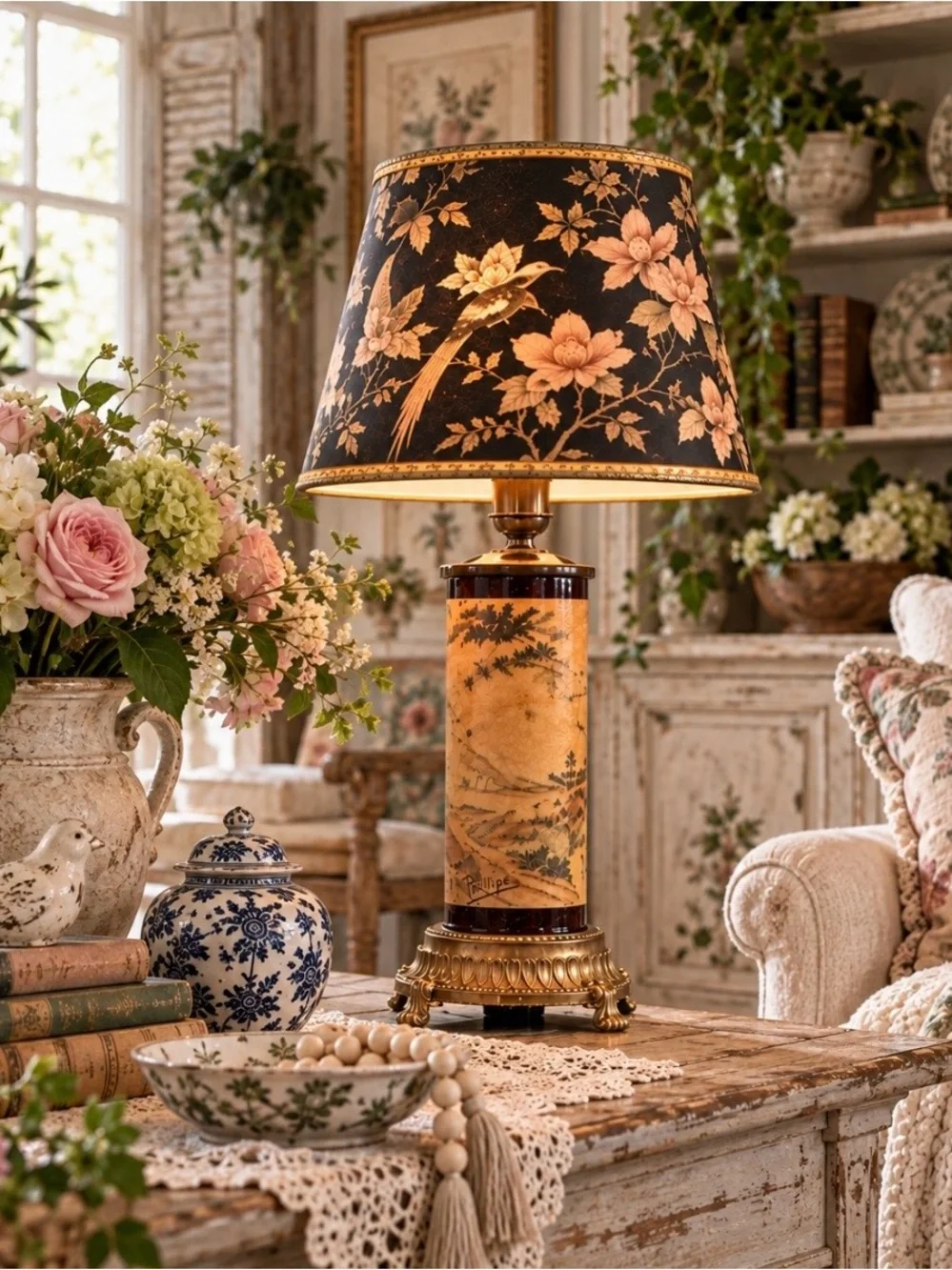 Title: Vintage Phillipe Pastoral Scene Cylinder Table Lamp Gold Tone